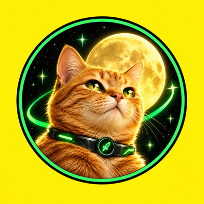 LuckyMoonCat, a golden cat with a glowing green collar