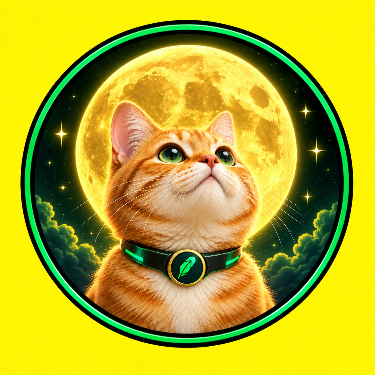 LuckyMoonCat looking up at a glowing golden moon